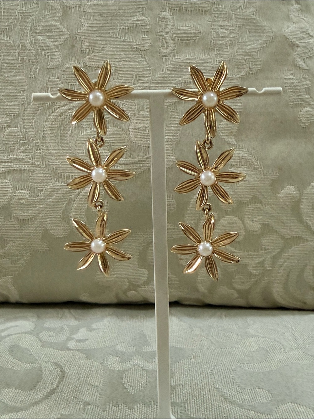 Gold Daisy Drop Earrings with Pearl Centers